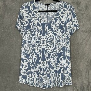 Sami & Jo XL Top Shirt Blue White Floral Flower Short Sleeve V Neck Stretch